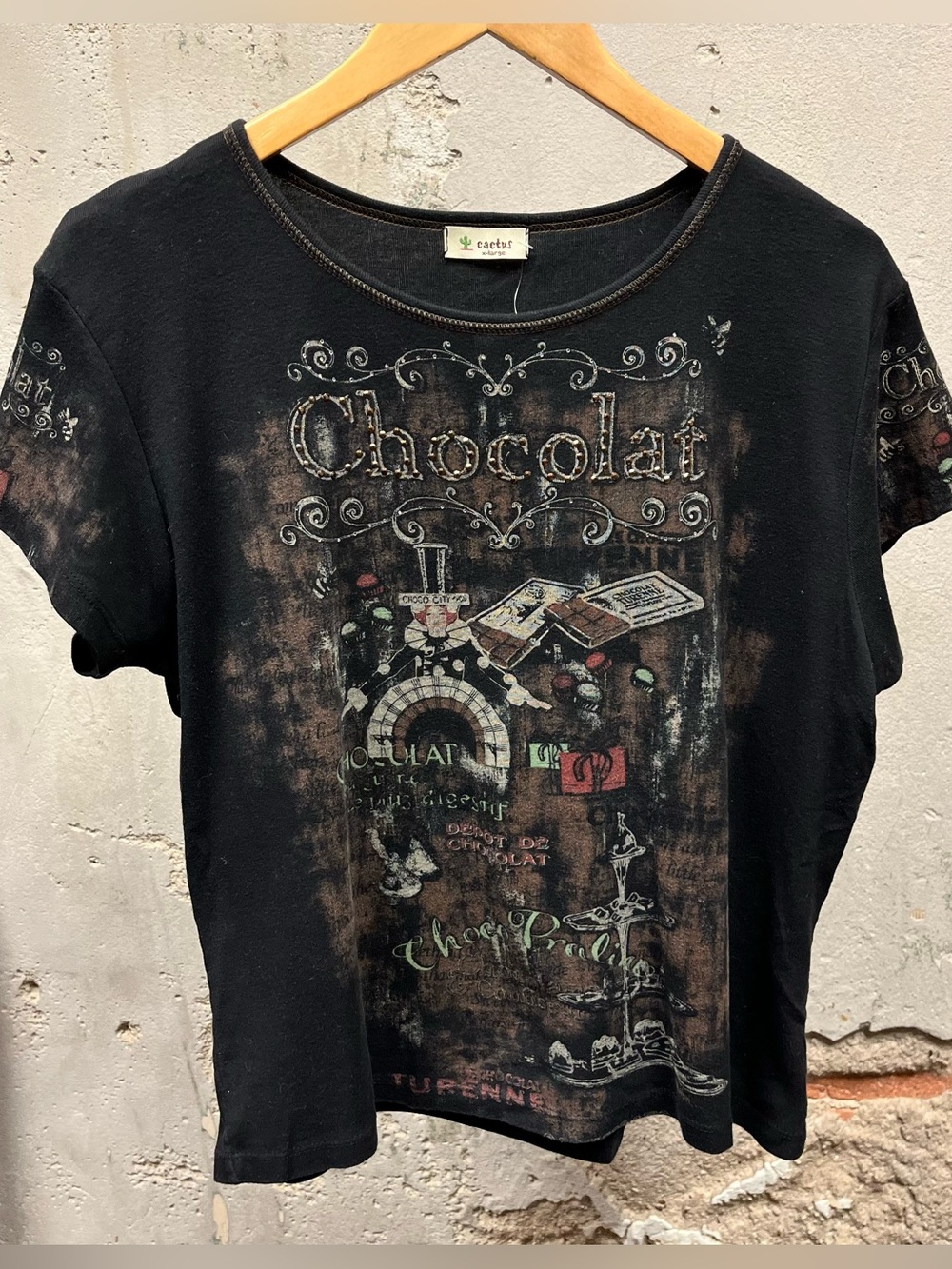 Vintage Y2K McBling Chocolate Brown Paris Printed Baby Tee Crop Top XL Whimsy